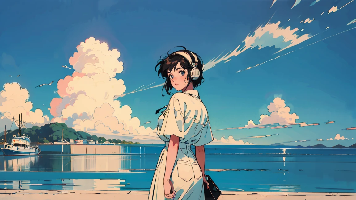 A coastal railway scene with a green and yellow tram stopped at a crossing. Blue sea and sky with white clouds in the background. In the foreground, a 21-year-old girl in 1980s style, wearing white clothes that beautifully contrast with the blue sky. She's wearing headphones and looking back towards the viewer, standing in front of the tram. The overall color palette has a retro, nostalgic feel. The white of her outfit creates a striking visual contrast against the vibrant blue of the sky and sea.