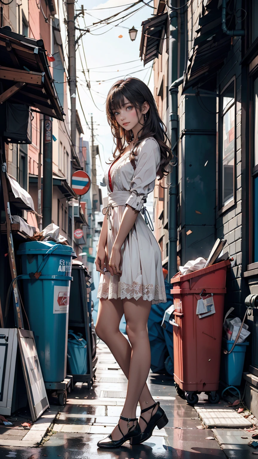 ((masterpiece, Highest quality)),girl, alone, dress, Are standing, Hello, alley, Outdoor, bangs, white dress, Gray Hair, Long Hair, Black footwear, Industrial Pipes, View your viewers, Air conditioning,Dim lighting, garbage, garbage bin, hxh2011 