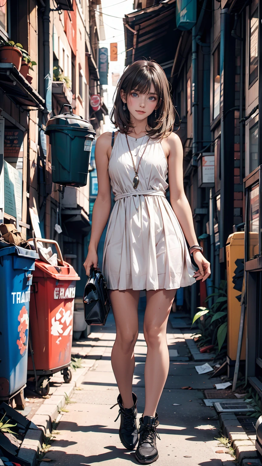 ((masterpiece, Highest quality)),girl, alone, dress, Are standing, Hello, alley, Outdoor, bangs, white dress, Gray Hair, Long Hair, Black footwear, Industrial Pipes, View your viewers, Air conditioning,Dim lighting, garbage, garbage bin, hxh2011