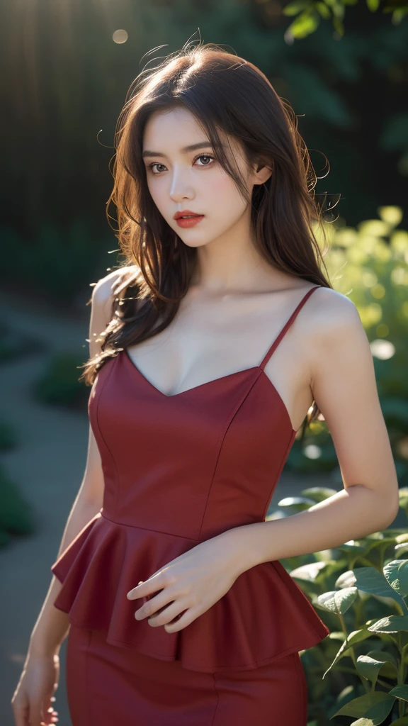 short hair, mmmm, (Sharp focus:1.2), photograph, Attractive Young Woman, (Beautiful Face:1.1), Detailed eyes, Seductive lips, (Bold red lip color:0.85), (Medium chest:1.0), (The body is slim:1.2), (Long Hair:1.2), wear (1980s Peplum Dress:1.2) in (botanical garden:1.2). (Moody lighting:1.2), Depth of written boundary, Bokeh, 4K, High resolution. by (James C. Christensen:1.2|Jeremy Lipking:1.1).