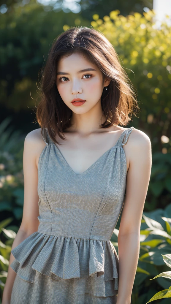 short hair, mmmm, (Sharp focus:1.2), photograph, Attractive Young Woman, (Beautiful Face:1.1), Detailed eyes, Seductive lips, (Bold red lip color:0.85), (Medium chest:1.0), (The body is slim:1.2), (Long Hair:1.2), wear (1980s Peplum Dress:1.2) in (botanical garden:1.2). (Moody lighting:1.2), Depth of written boundary, Bokeh, 4K, High resolution. by (James C. Christensen:1.2|Jeremy Lipking:1.1).