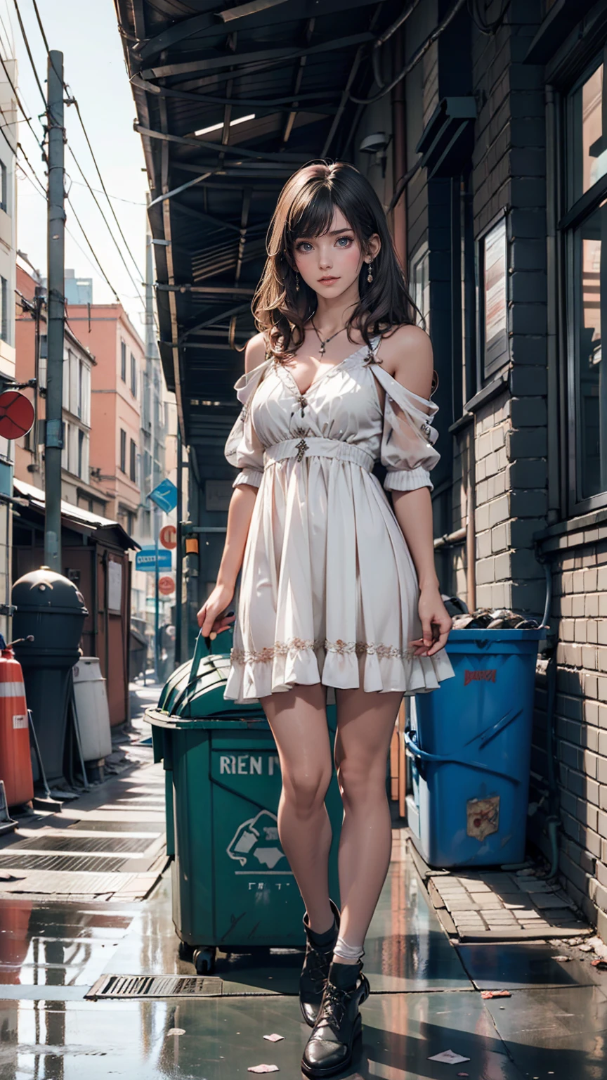 ((masterpiece, Highest quality)),girl, alone, dress, Are standing, Hello, alley, Outdoor, bangs, white dress, Gray Hair, Long Hair, Black footwear, Industrial Pipes, View your viewers, Air conditioning,Dim lighting, garbage, garbage bin, hxh2011