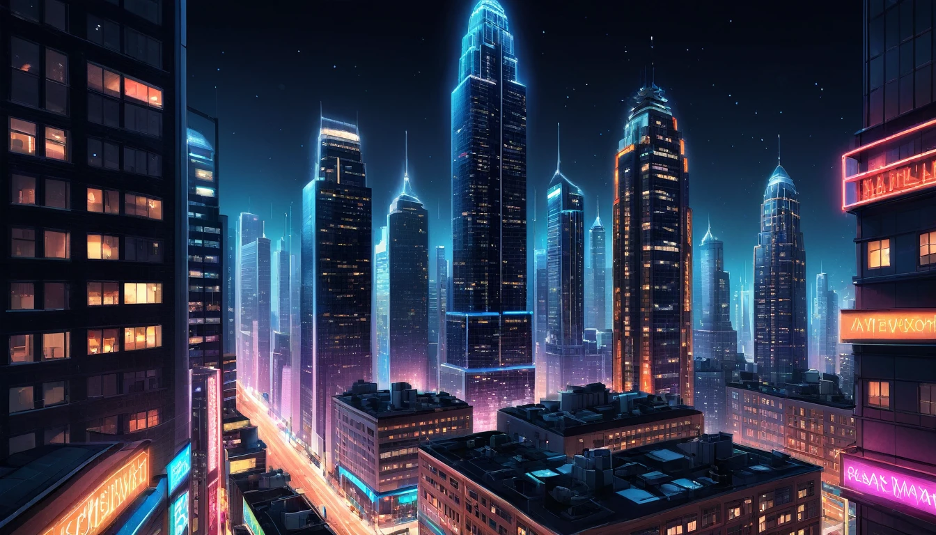 An illustration of a nighttime cityscape with skyscrapers. The windows of the tall buildings are sparkling with bright lights, creating a vibrant and energetic urban atmosphere. The scene includes streetlights and neon signs adding to the beautiful night view.
