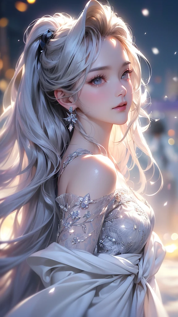 ((masterpiece:1.5、8k、Portraiture、フォトリアリスティックでVery detailedなCG、Very detailed、Particle Effects、Dynamic Effects、Shallow depth of field、Cinematic Light、Lens flare、Ray Tracing、Tabletop、Realistic:1.4、Ultra-high resolution:1.2、Realistic、Realistic))((alone、Off-the-shoulder clothing、Cashmere coat:1.4、Elegant woman posing、look up、Detailed face、bright表情、young, bright, Whiter skin、small breasts、Beautiful cleavage、Best Looks、Ultimate beauty、Shiny silver hair with highlights、bright and shiny hair,、Super long, Silky straight hair、Hair dancing in the wind))(morning、The setting is outdoors in the snow、Surrounded by illuminations)from front
