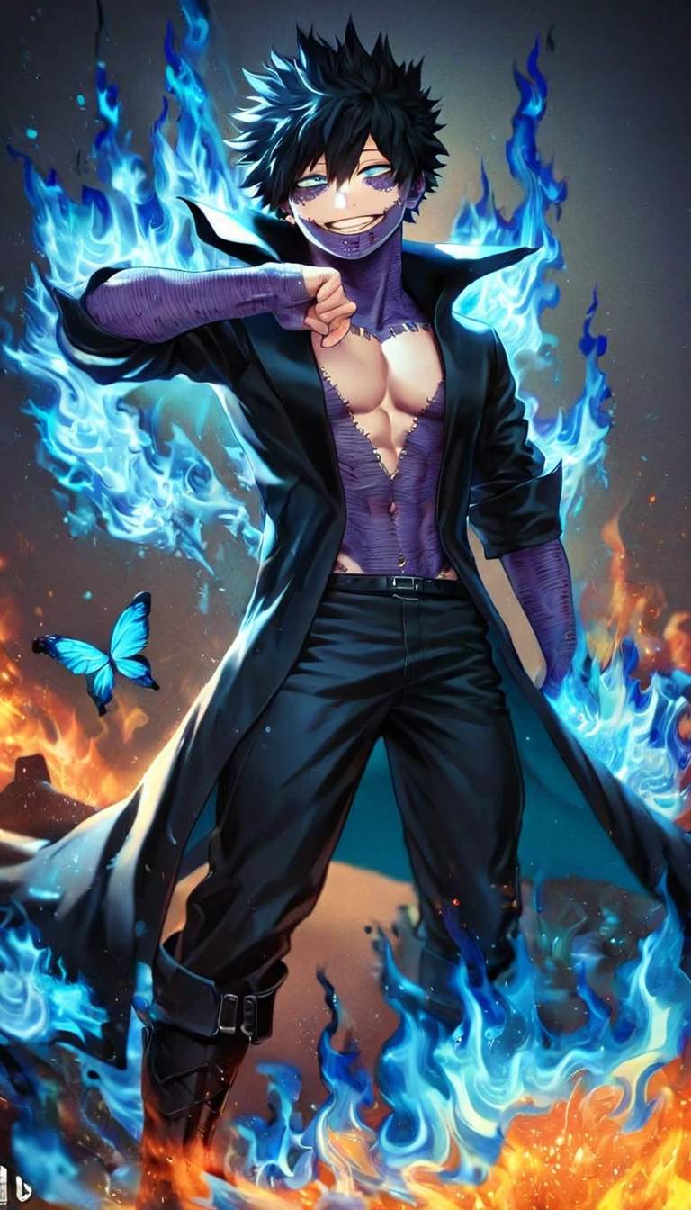 absurdres, highres, ultra detailed, HDR, master piece, best quality, extremely detailed face, delicated features, Dabi, black hair, expressive turquoise eyes, Boku No Hero Academia, solo, sexy man, handsome, smiling, black coat, black pants, black boots, fantasy, magical, blue fire butterflies, fire flowers, blue fire, blue flames, background in flames