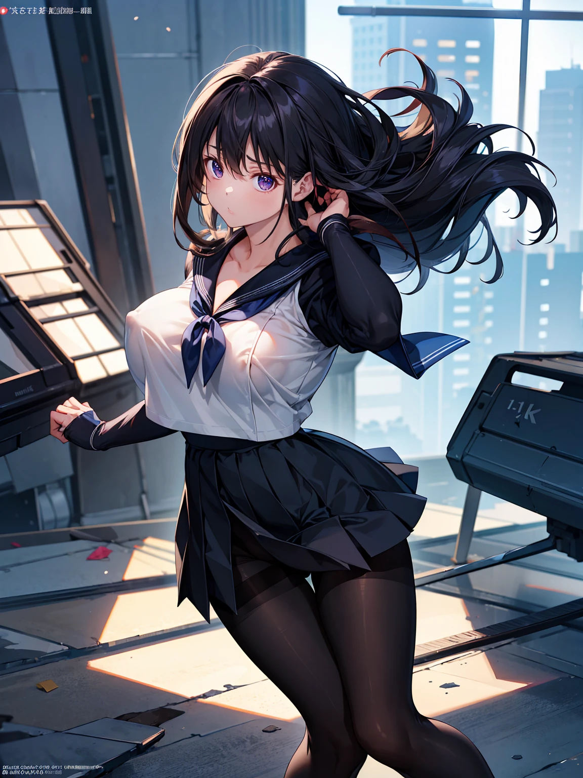 (1 Girl:1.2),(high quality), (High resolution), (Very detailed), (8k),(Demolition paperback correct)、Sexy Lingerie、Wearing a sailor uniform、((Focus on the whole body))、Nipple Shape、((Black Pantyhose))、Hair messed up by strong wind、Neutral White Lighting,Sexy pose、