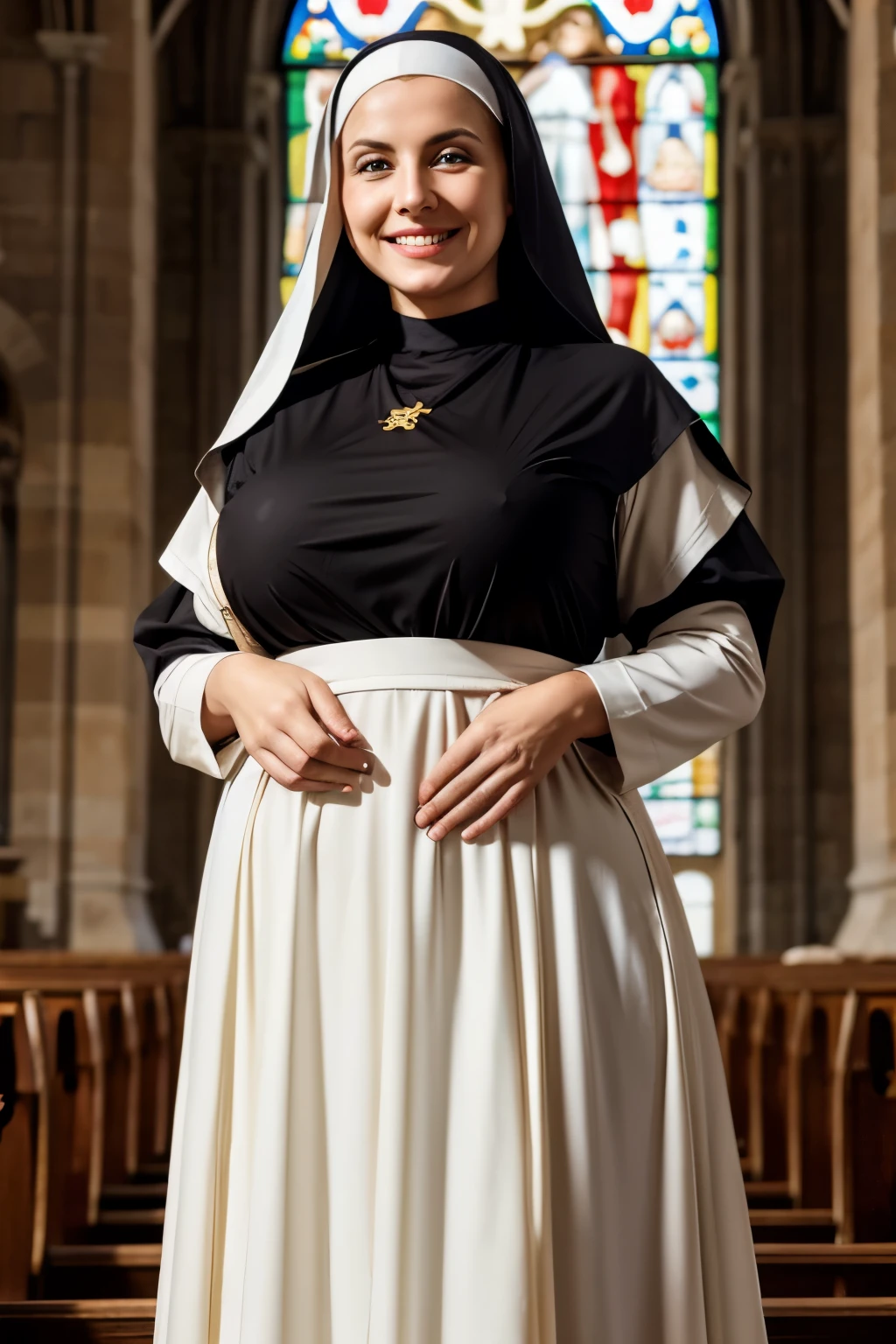 Mature beautiful italian woman、Blonde Hair、Green Eyes、Smiling with teeth showing、Huge saggy breasts、Plump body、Monastic uniform、Nuns、Standing in the church