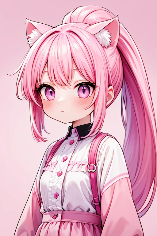 Pink Hair, Cat ear, Long Hair, ponytail, pretty girl, Pink pastel background