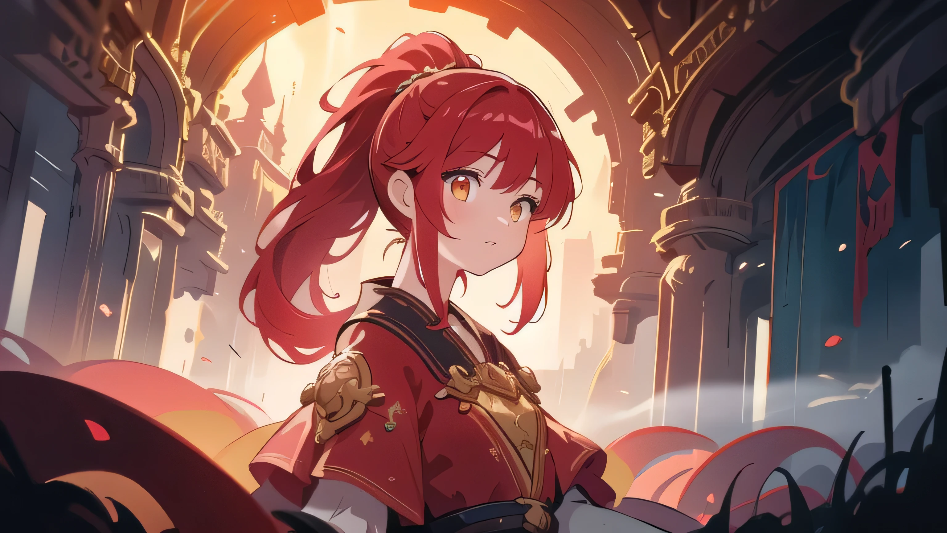 A girl with long yellow ponytail, red dress, highly detailed, 8k, cinematic lighting, vibrant colors, intricate details, fantasy, magical, whimsical, soft focus, digital painting, concept art style