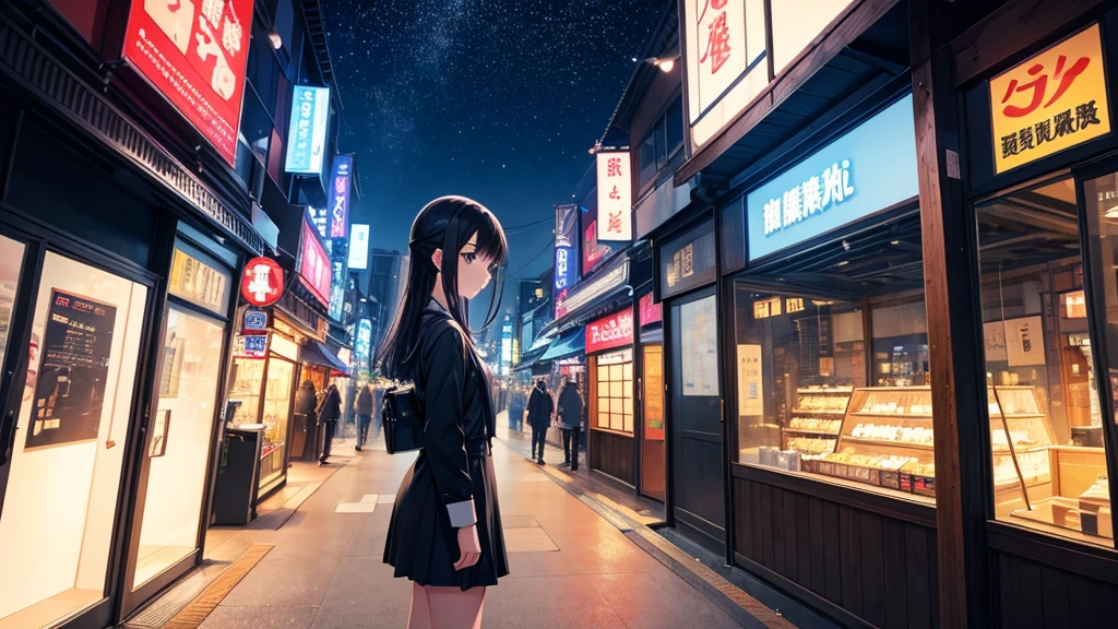 Standing at the entrance to Tsutenkaku Tower in Shinsekai, Osaka。A young girl with black hair wearing stylish clothes and headphones labeled "lo-fi"
The girl is shown in profile, gazing into the distance with a calm, relaxed expression
Background depicts the iconic scenery of Namba, Osaka at night, without any text on signs
A starry night sky adding to the peaceful atmosphere
Overall mood is quiet and serene, perfect for lo-fi music
Detailed hair rendering and careful attention to the girl's fashionable outfit
The entire scene should evoke a relaxing, introspective feeling associated with lo-fi music