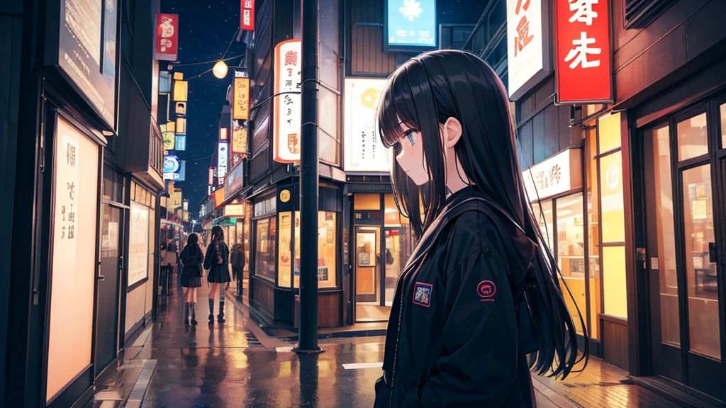 Standing at the entrance to Tsutenkaku Tower in Shinsekai, Osaka。A young girl with black hair wearing stylish clothes and headphones labeled "lo-fi"
The girl is shown in profile, gazing into the distance with a calm, relaxed expression
Background depicts the iconic scenery of Namba, Osaka at night, without any text on signs
A starry night sky adding to the peaceful atmosphere
Overall mood is quiet and serene, perfect for lo-fi music
Detailed hair rendering and careful attention to the girl's fashionable outfit
The entire scene should evoke a relaxing, introspective feeling associated with lo-fi music