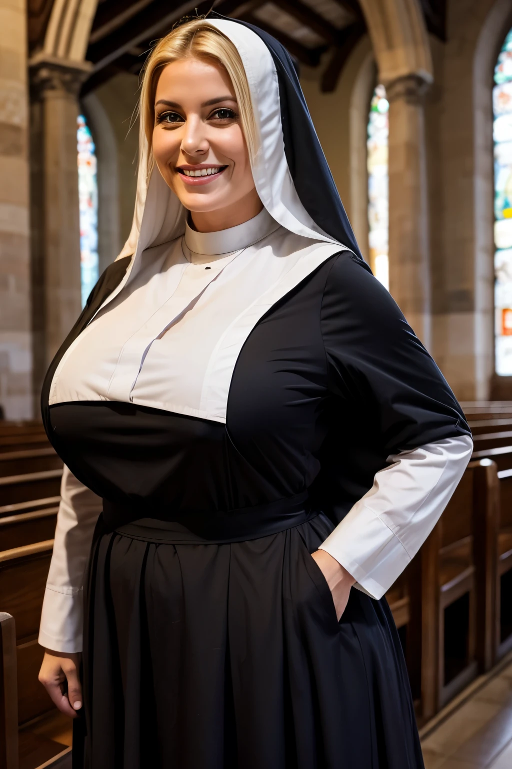 Mature beautiful italian woman、Blonde Hair、Green Eyes、Smiling with teeth showing、Huge saggy breasts、Plump body、Monastic uniform、Nuns、Standing in the church