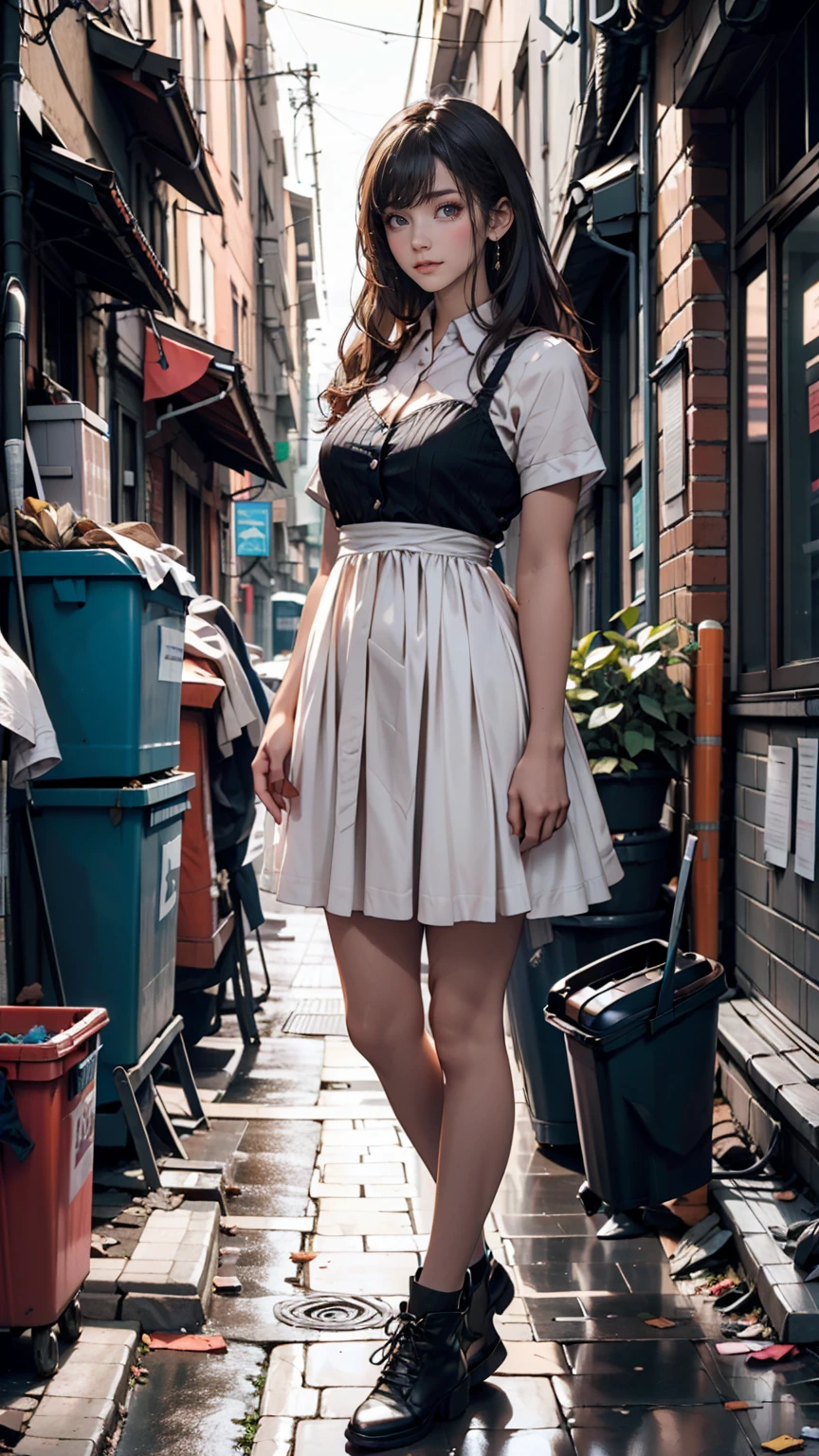 ((masterpiece, Highest quality)),girl, alone, dress, Are standing, Hello, alley, Outdoor, bangs, white dress, Gray Hair, Long Hair, Black footwear, Industrial Pipes, View your viewers, Air conditioning,Dim lighting, garbage, garbage bin, hxh2011