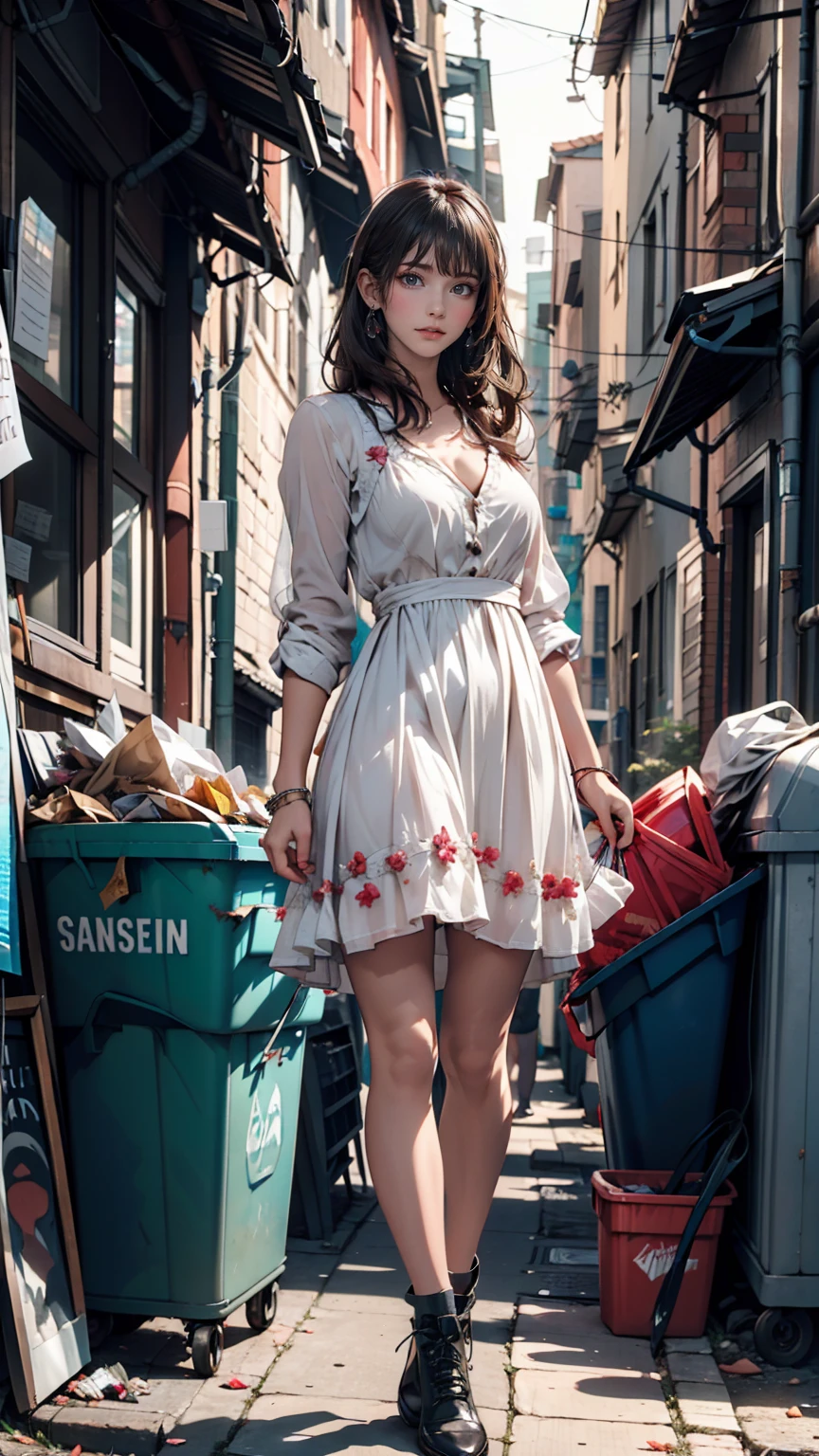 ((masterpiece, Highest quality)),girl, alone, dress, Are standing, Hello, alley, Outdoor, bangs, white dress, Gray Hair, Long Hair, Black footwear, Industrial Pipes, View your viewers, Air conditioning,Dim lighting, garbage, garbage bin, hxh2011