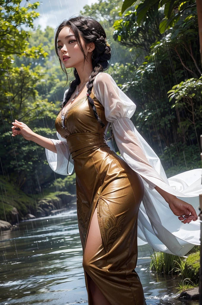 A 1 meter 60 year old busty woman raining with her body all wet and the rain falling on the ground Walking through the forest with her feet on the ground hair braided in a compound, elegant style is portrayed in a stunning scene. Your braided hair displays a variety of patterns and textures, demonstrating skill and art in creating the hairstyle. The woman is portrayed with a confident posture, smiling and proud, highlighting its beauty and authenticity. Your facial features are distinct and expressive, reflecting your individuality and inner strength. The scene is softly lit, highlighting the details of the braided hair and the beauty of the woman. Your presence is captivating, conveying a sense of grace and determination. This depiction of a black woman with braided hair is a celebration of black culture and beauty., capturing the elegance and pride of a traditionally significant hairstyle. she is all wet