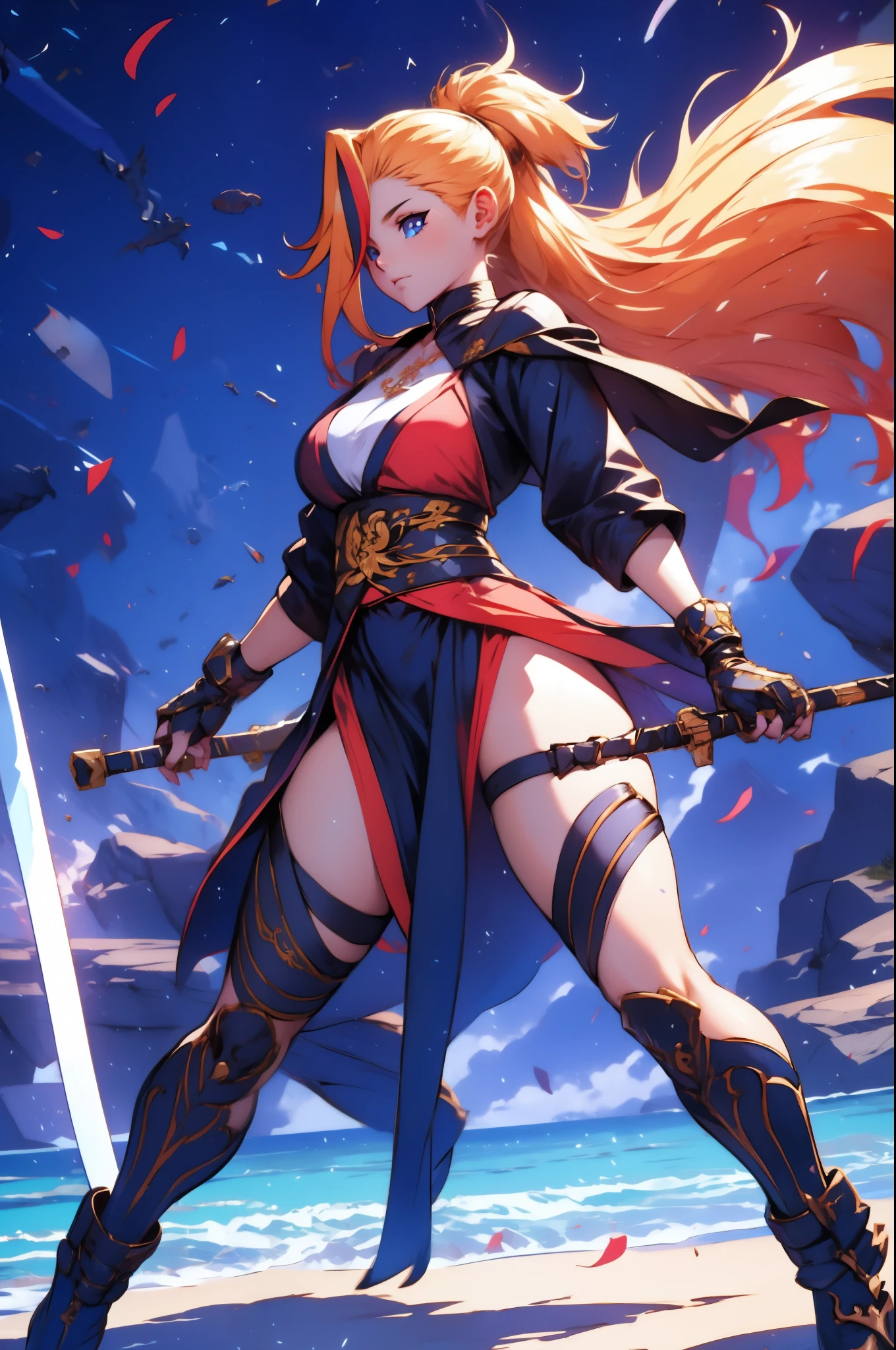 Gorgeous Woman, With a huge sword on his shoulder, Perfect Face, Super long hair, Are standing, Ultra detailed face, kunoichi, The perfect giant sword, Heavy knives