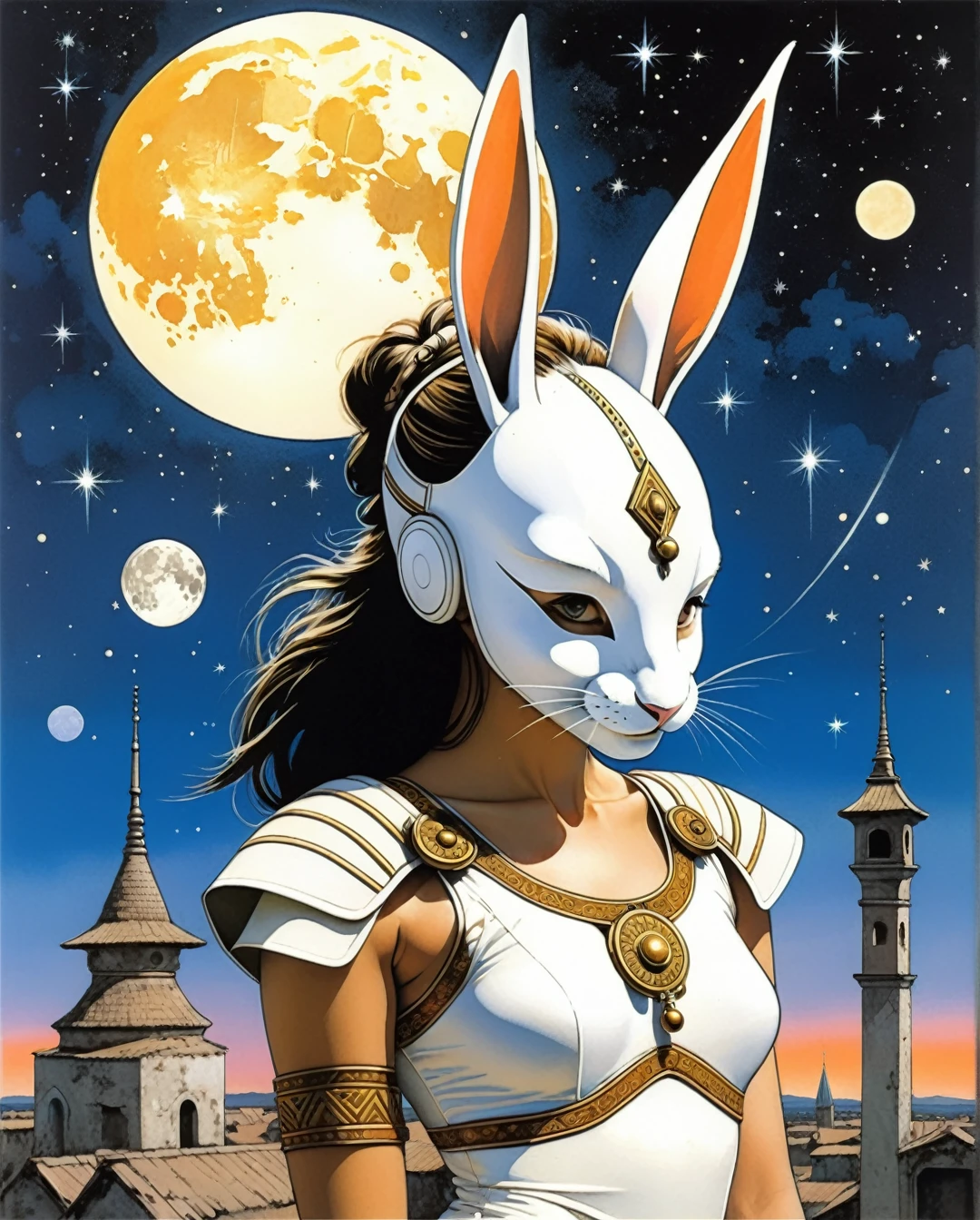 Art style by Hajime Sorayama, Art style by Hiroshi Nagai, (Masterpiece, Top Quality, Super Detail, High Resolution, Best Illustration), 1990s (style), 1980s (style), retro art style, Highest image quality, (Masterpiece, top quality, super detail, high resolution, best illustration), vintage, 1990s \(style\), dynamic angle, fairy tale illustrations,Simple minimum art, myths of another world,Perfect sky, moon and shooting stars,moon on face, pagan style graffiti art, aesthetic, sepia, ancient Russia,(holy bard), A female shaman,(wearing a rabbit-faced mask),nodf_xl, in the style of esao andrews,rabbit kissing sheep, watercolor \(medium\),jewel pet,acidzlime,emo,ruanyi0315,white leotard,high heel boots,papal hat