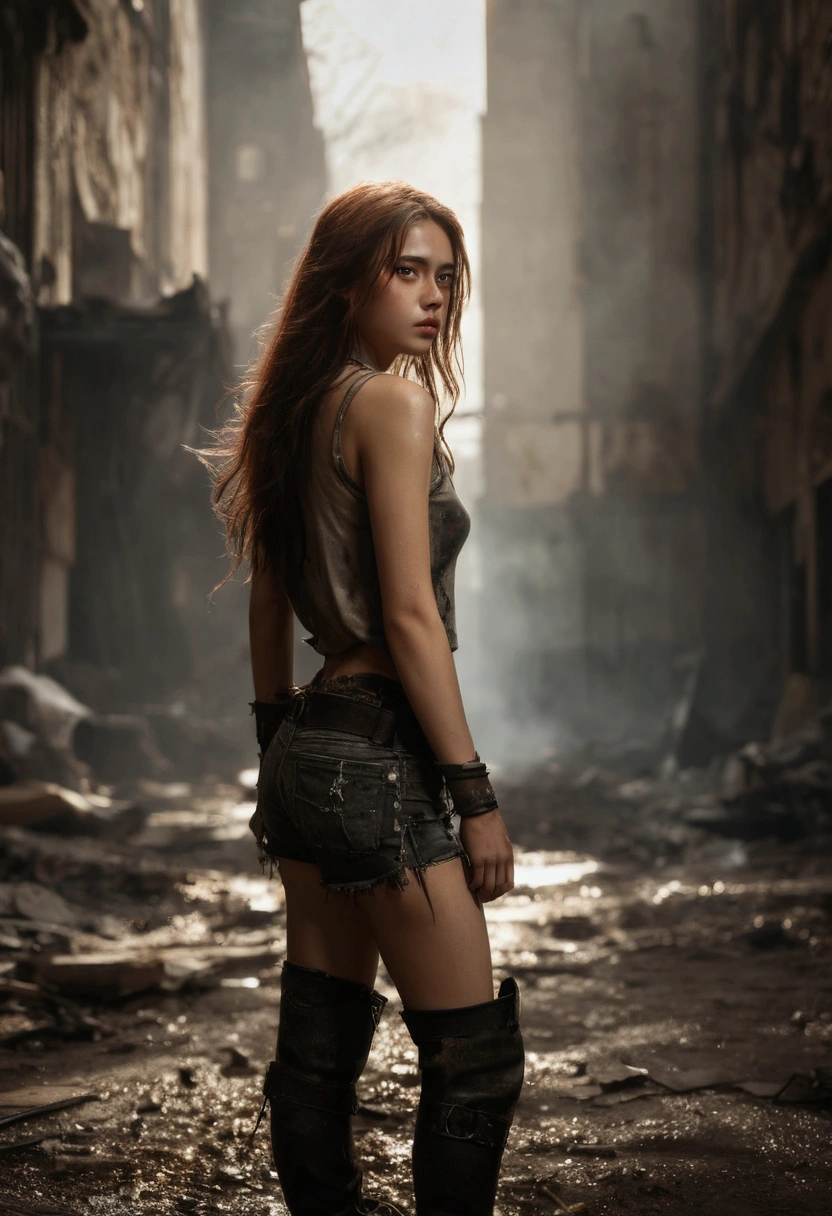 A breathtakingly beautiful girl, radiant and captivating eyes, cold and intense, long flowing hair, sweaty body, Post-apocalyptic Punk shirt, short shorts, boot, (Ultra photo realsisim:1.3), Realistic, (best quality real texture skin, film atmosphere), Tattered clothes, (Post-apocalyptic Punk, Post-apocalyptic Fiction), a post-apocalyptic world with collapsing buildings, (bloodstains), art by Kurahashi Rei, haunting and solemn, a beam of light shines through, illuminating the somber surroundings, (Best quality, masterpiece, depth of field, Full HD, 4K, richness of detail), Portrait style,medium shot