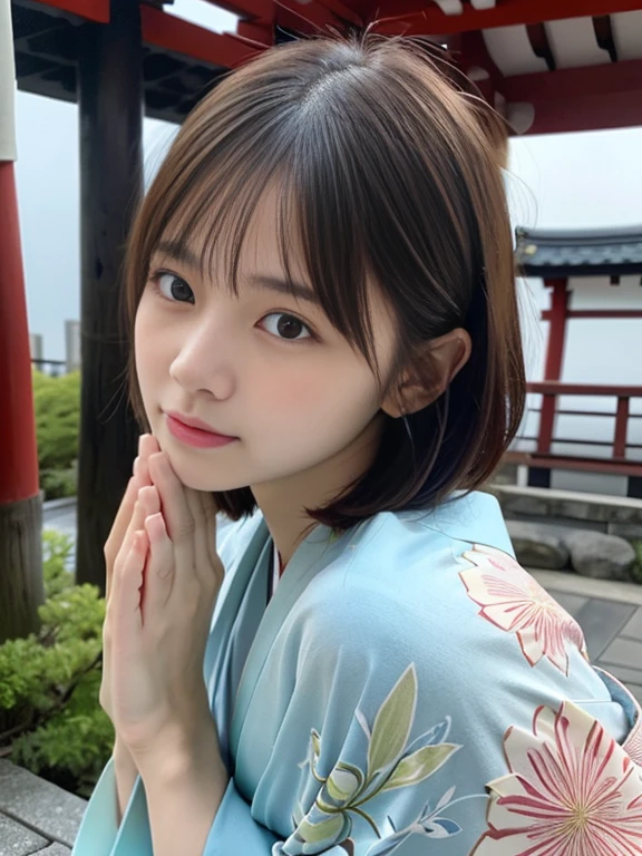 (Dressed in beautiful and colorful kimonos、Close-up portrait of a short-haired woman with blunt bangs:1.5)、(Woman praying with eyes open at a Japanese shrine:1.5)、(A shrine in Japan with a winter sky:1.5)、(Perfect Anatomy:1.3)、(No mask:1.3)、(Full Finger:1.3)、Age 35、Slightly upturned、Married Woman Style、cute、Realistic、photograph、Tabletop、Highest quality、High resolution, Delicate and beautiful、Perfect Face、Beautiful attention to detail、Fair skin、Real human skin、pores、((Thin legs))、(Brown Hair)、(zoom)