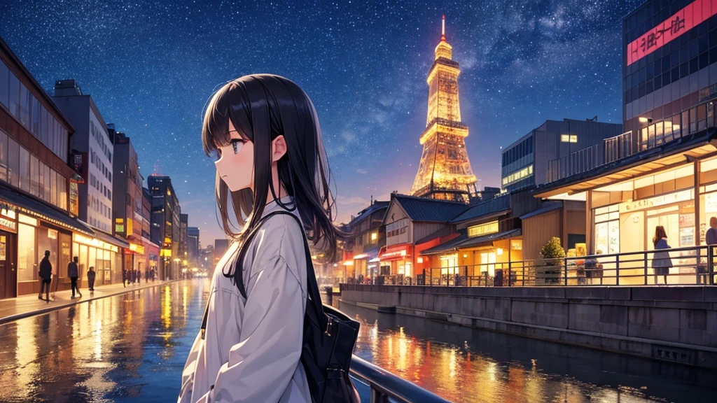 Standing at the entrance to Tsutenkaku Tower in Shinsekai, Osaka。A young girl with black hair wearing stylish clothes and headphones labeled "lo-fi"
The girl is shown in profile, gazing into the distance with a calm, relaxed expression
Background depicts the iconic scenery of Namba, Osaka at night, without any text on signs
A starry night sky adding to the peaceful atmosphere
Overall mood is quiet and serene, perfect for lo-fi music
Detailed hair rendering and careful attention to the girl's fashionable outfit
The entire scene should evoke a relaxing, introspective feeling associated with lo-fi music