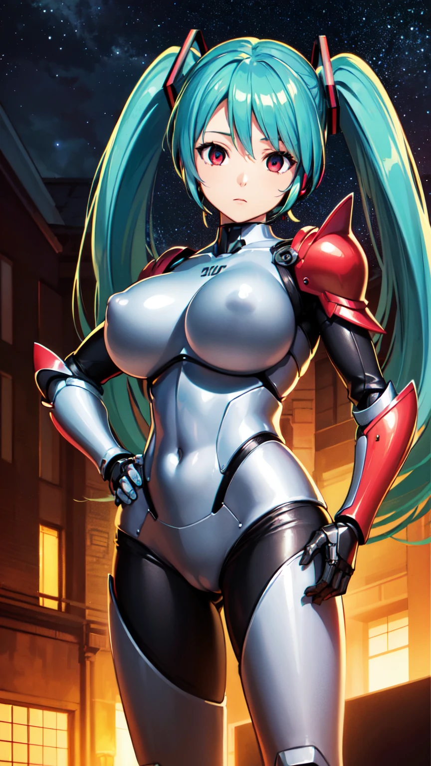 {{1 female},{{{{{Tabletop++, Highest quality++, Very detailed+, Ultra-high resolution,(Realistic:1.4)Cowboy Shot, Mecha Girl, hatsune miku, (Vocaloid)RAW Photos,(hatsune miku)+,(hatsune miku)+, (Vocaloid) Expressionless, Light blue hair, Red eyes ,clavicle, Twin tails, cyborg((Mecha Girl 1.6)),so beautiful, Highest quality, Absurd, One Girl, Brainwashed,}}}} Hollow Eyes,(Eyes glow red :1.4)), ((Big Breasts:1.5))、((Metal Armor:1.5)), (The shape of the genitals is clearly visible)) cyber punk, Dark Lab, Dark Room,(Neon Light:1.2), (night:1.5), (place your left hand on your hip)
