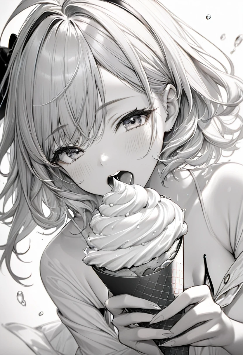 vivid color, colorful soft serve ice cream, only soft serve ice cream is colored, BREAK (ultra detailed, absolutely resolution, best quality:1.3), monochrome, pencil sketch art, cute woman, amorous and lewd face, mouth half open, sighing, messy hair, great proportion, loose clothing,  2.5D, delicate and dynamic, shading effects, hyper realistic