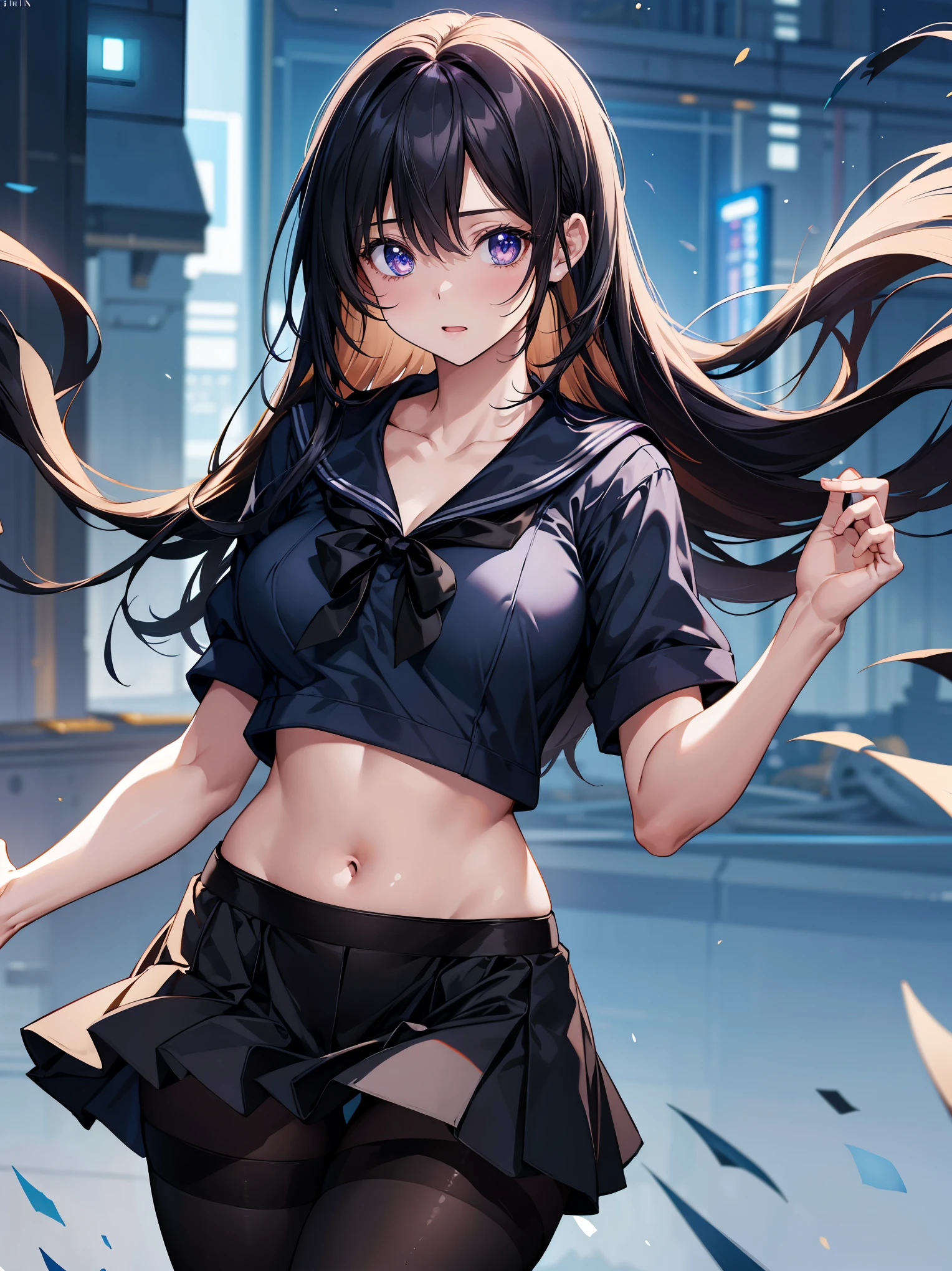 (1 Girl:1.2),(high quality), (High resolution), (Very detailed), (8k),(Demolition paperback correct)、Sexy Lingerie、Wearing a sailor uniform、((Focus on the whole body))、Nipple Shape、((Black Pantyhose))、Hair messed up by strong wind、Neutral White Lighting,Sexy pose、