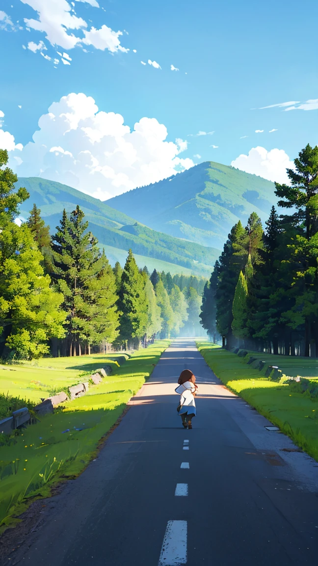 Draw a scene of a child walking on a country road lined with trees and houses. ”
"At the end of the road is a green forest, and the top half of the picture is dominated by the sky, covered with dense white clouds."
"Take a long-range view and show how the road extends into the forest and the vastness of the sky."
"The use of natural light creates a warm and tranquil rural atmosphere."
"Make sure the picture is of high quality, with clear details in the sky and on the ground."