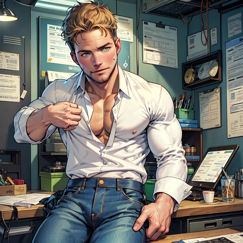 NSFW, SOLO MAN , clinic ambiance and background、detailed face , detailed body part , detailed hands , detailed fingers, A handsome tall man (((Stephen AMELL))) ,He is 40 years old,Thin waist,The pectoral muscles are well developed, He is 175cm tall,Weight 62 kg、blue-green eyes、brown hair color、short hair, wearing vintage jeans showing a nice COCK, shirtless showing nipples and pectoral muscles , sitting on the exam table , and (((the doctor CHRIS PRATT wearing a white blouse ))) checking on his COCK , looking at the viewer ,Smiling , background clinic for men HEALTH