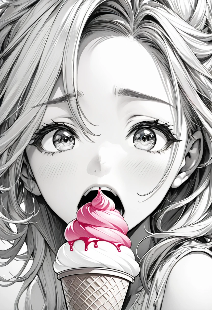 vivid color, colorful soft serve ice cream, only soft serve ice cream is colored, BREAK (ultra detailed, absolutely resolution, best quality:1.3), monochrome, pencil sketch art, cute woman, amorous and lewd face, mouth half open, sighing, messy hair, great proportion, loose clothing, 2.5D, delicate and dynamic, shading effects, hyper realistic