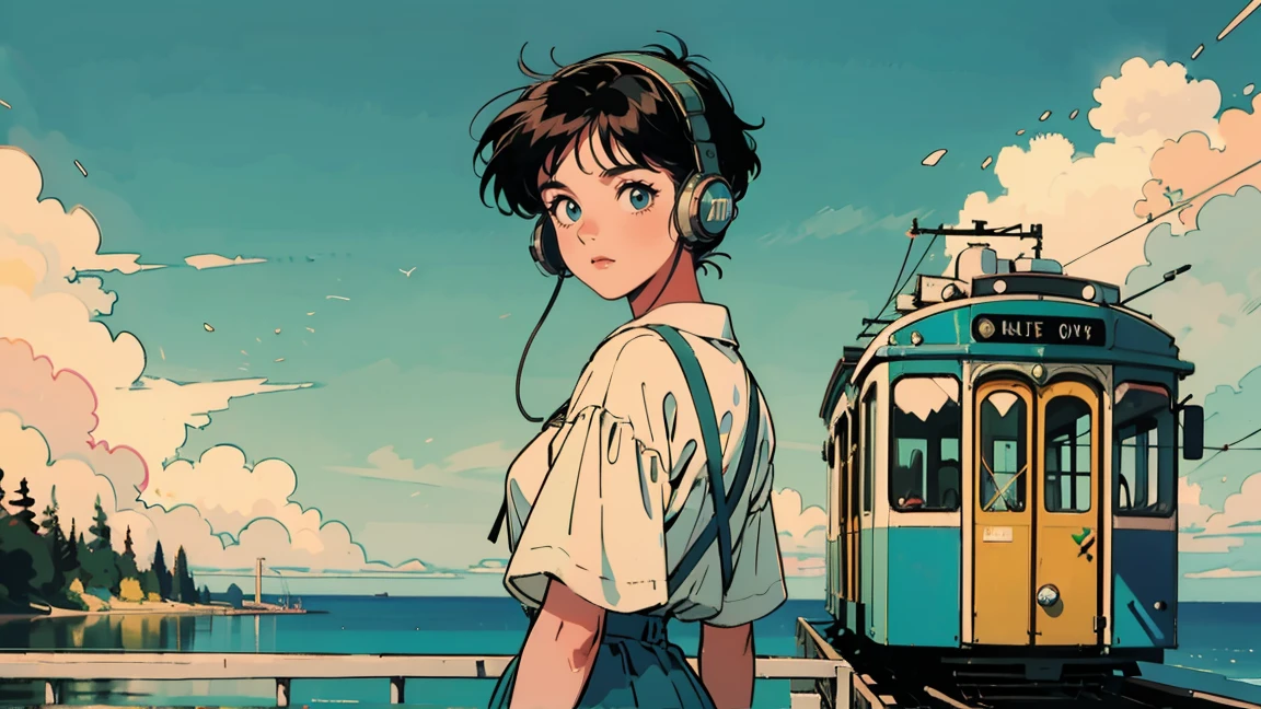 A coastal railway scene with a green and yellow tram stopped at a crossing. Blue sea and sky with white clouds in the background. In the foreground, a 21-year-old girl in 1980s style, wearing white clothes that beautifully contrast with the blue sky. She's wearing headphones and looking back towards the viewer, standing in front of the tram. The overall color palette has a retro, nostalgic feel.