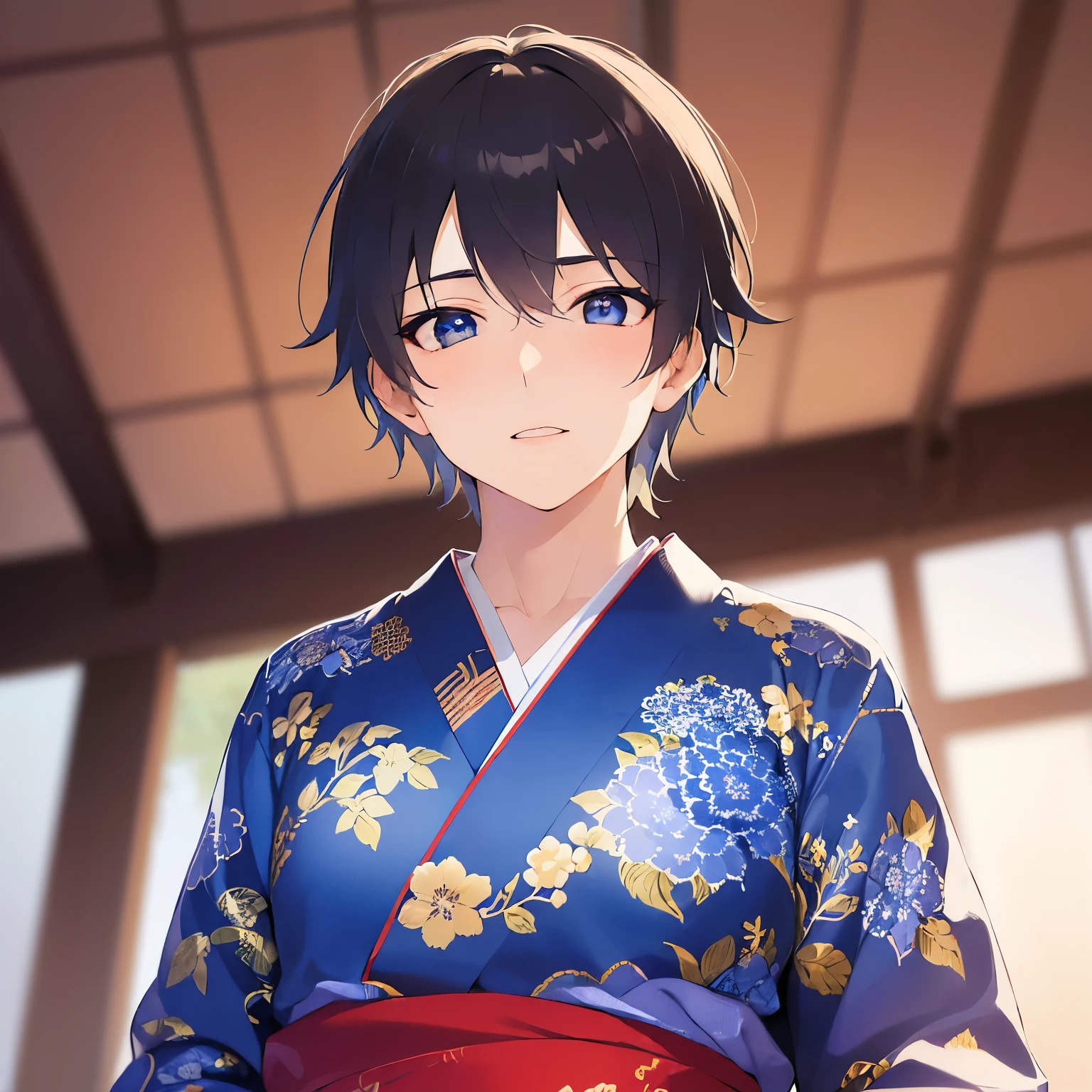 (25-year-old male:1.5) and(Black short hair) and (blue eyes), Shooting from below upper body、(hands on floor:1.5)、
masterpiece、Highest quality、
(Blue) and (yukata),blush,confused,The background is a Japanese-style room at night、Japanese style ceiling