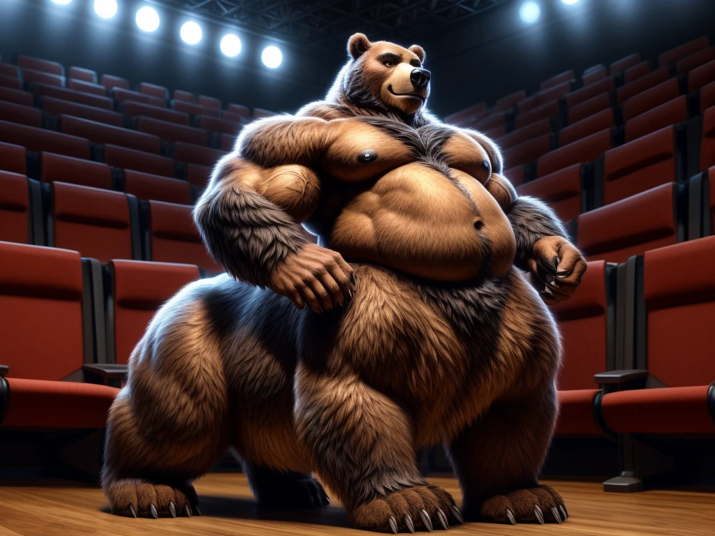 furry, fur taur, beartaur, middle-age, solo,1man, muscular man, detailed face, bear ears, bear eyes(brown), bear nose(black), bear mouth, beard(grey), mature hair(grey), detailed arm, thick arm, muscular, thick hands(5 fingers), claws, detailed body belly, thick body, muscle belly(white), thick chest, chest hair(white), nipples, detailed taur body, thick taur body, thick bear paws, bear claws, thick bear tail, full body shot, standing in the theater