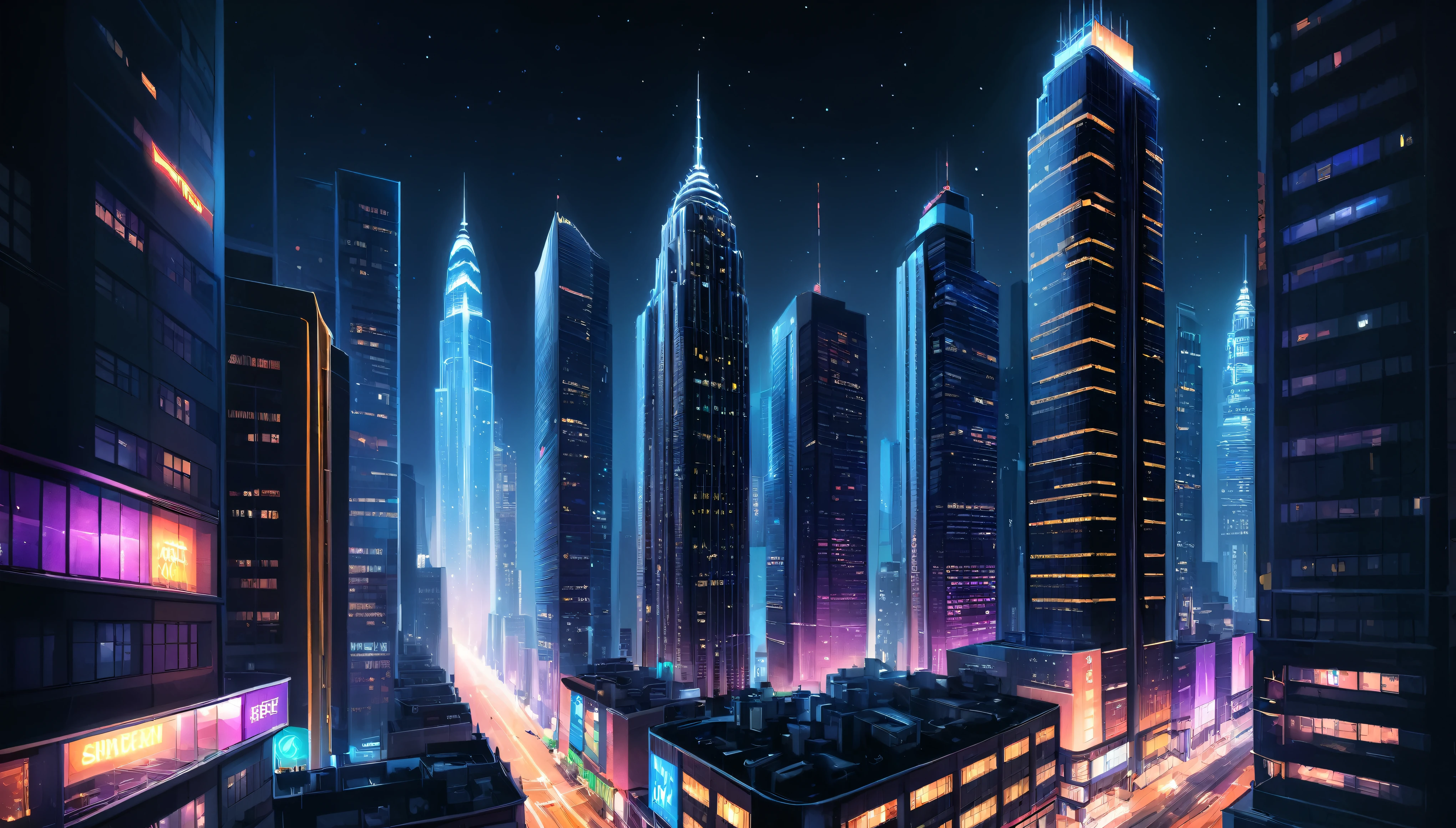 An illustration of a nighttime cityscape with skyscrapers. The windows of the tall buildings are sparkling with bright lights, creating a vibrant and energetic urban atmosphere. The scene includes streetlights and neon signs adding to the beautiful night view.
