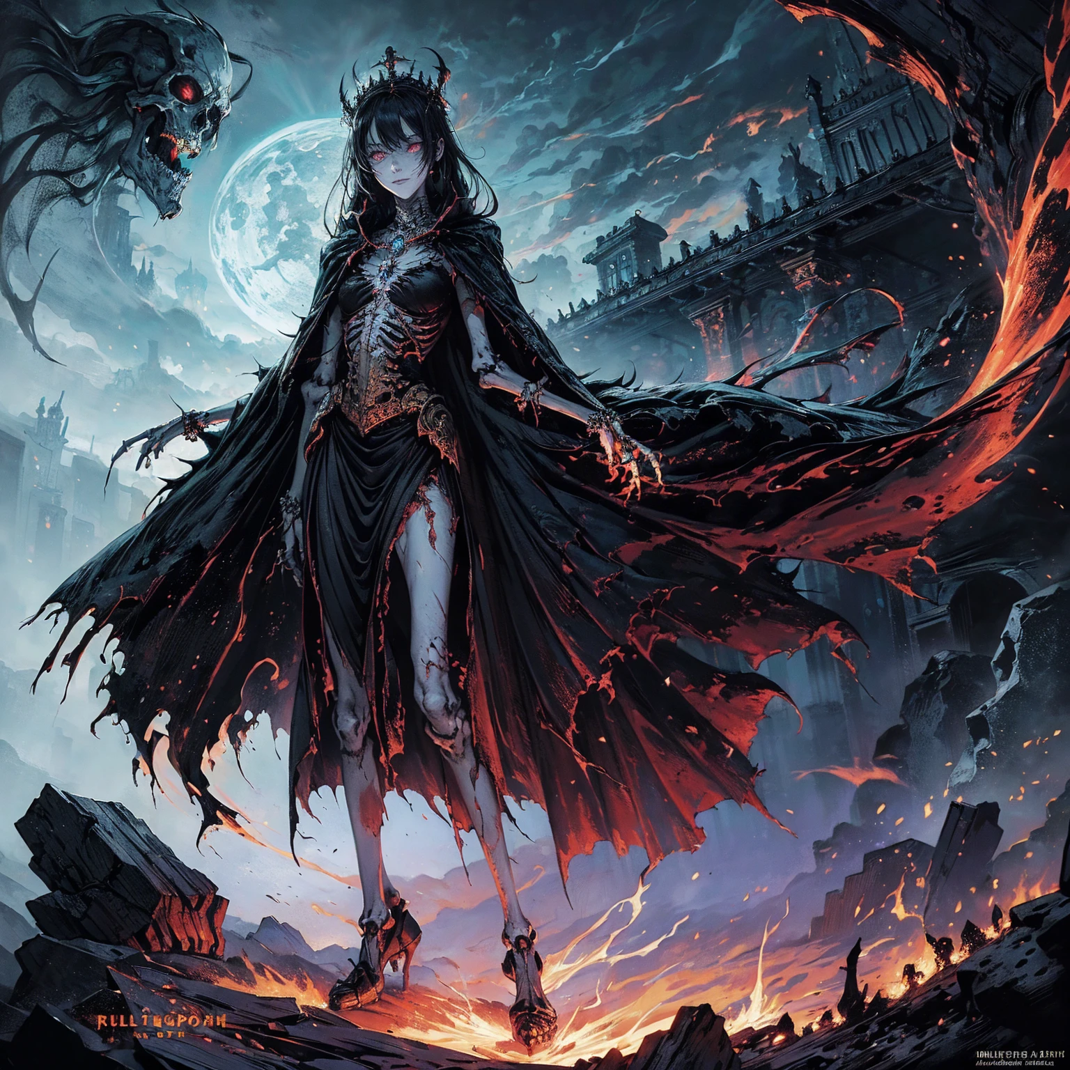 (full body:1.5), (wide shot:1.2), best quality, 4K, high resolution, (masterpiece:1.2), Very detailed, (actual:1.37), (anatomically correct:1.2), Mood lighting, A black hair young undead girl in a long cape, Whole body including hands & arms & legs & feet are all skeleton bones but except the head is still beautiful human face, Wearing a ragged gothic skirt, Shaded expression, Aloofness emotion, Dangerous sneer, beautiful but sorrowful smile, Black tears of blood flowed from eyes, lean on one side floating above ground, Facing the camera, Crucified, Pitch black sky, Blood-red moon, strange atmosphere, Gothic style, Unforgettable beauty, Dramatic shadows, Ethereal Light, Mysterious atmosphere, Necromancer, Dark Magic, Resurrection of the Dead, Resurrected zombies and skeletons roaming around, bone dragon, pathfinder: wrath of the righteous: lich myth path.