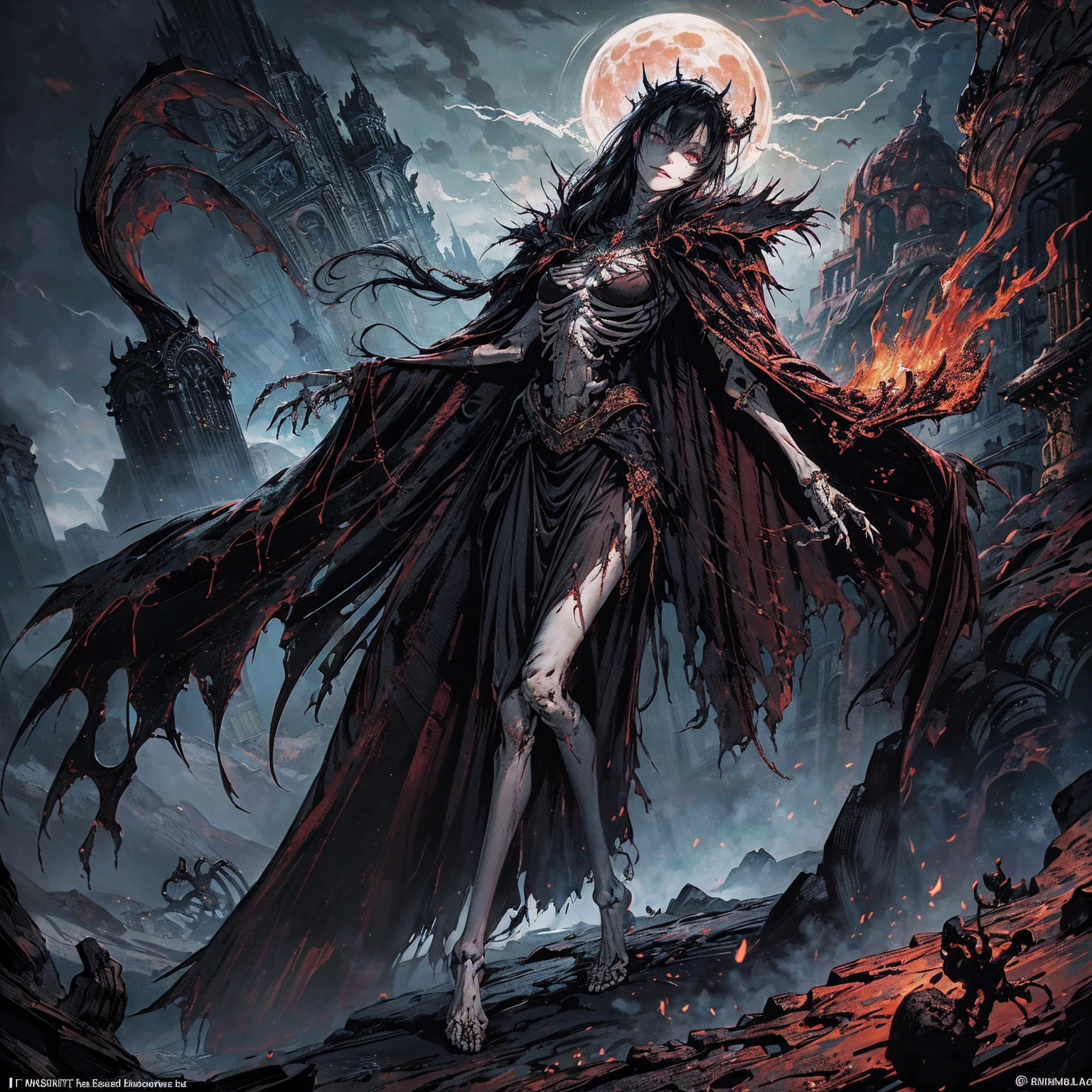 (full body:1.5), (wide shot:1.2), best quality, 4K, high resolution, (masterpiece:1.2), Very detailed, (actual:1.37), (anatomically correct:1.2), Mood lighting, A black hair young undead girl in a long cape, Whole body including hands & arms & legs & feet are all skeleton bones but except the head is still beautiful human face, Wearing a ragged gothic skirt, Shaded expression, Aloofness emotion, Dangerous sneer, beautiful but sorrowful smile, Black tears of blood flowed from eyes, lean on one side floating above ground, Facing the camera, Crucified, Pitch black sky, Blood-red moon, strange atmosphere, Gothic style, Unforgettable beauty, Dramatic shadows, Ethereal Light, Mysterious atmosphere, Necromancer, Dark Magic, Resurrection of the Dead, Resurrected zombies and skeletons roaming around, bone dragon, pathfinder: wrath of the righteous: lich myth path.