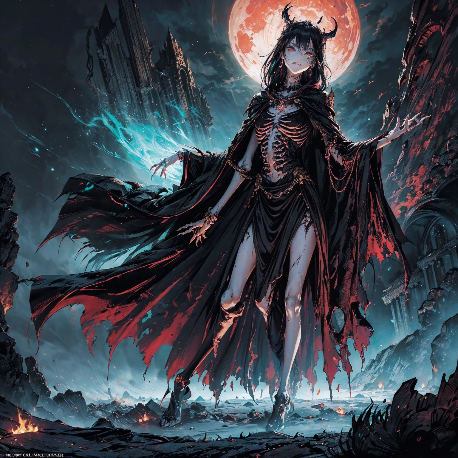 (full body:1.5), (wide shot:1.2), best quality, 4K, high resolution, (masterpiece:1.2), Very detailed, (actual:1.37), (anatomically correct:1.2), Mood lighting, A black hair young undead girl in a long cape, Whole body including hands & arms & legs & feet are all skeleton bones but except the head is still beautiful human face, Wearing a ragged gothic skirt, Shaded expression, Aloofness emotion, Dangerous sneer, beautiful but sorrowful smile, Black tears of blood flowed from eyes, lean on one side floating above ground, Facing the camera, Crucified, Pitch black sky, Blood-red moon, strange atmosphere, Gothic style, Unforgettable beauty, Dramatic shadows, Ethereal Light, Mysterious atmosphere, Necromancer, Dark Magic, Resurrection of the Dead, Resurrected zombies and skeletons roaming around, bone dragon, pathfinder: wrath of the righteous: lich myth path.