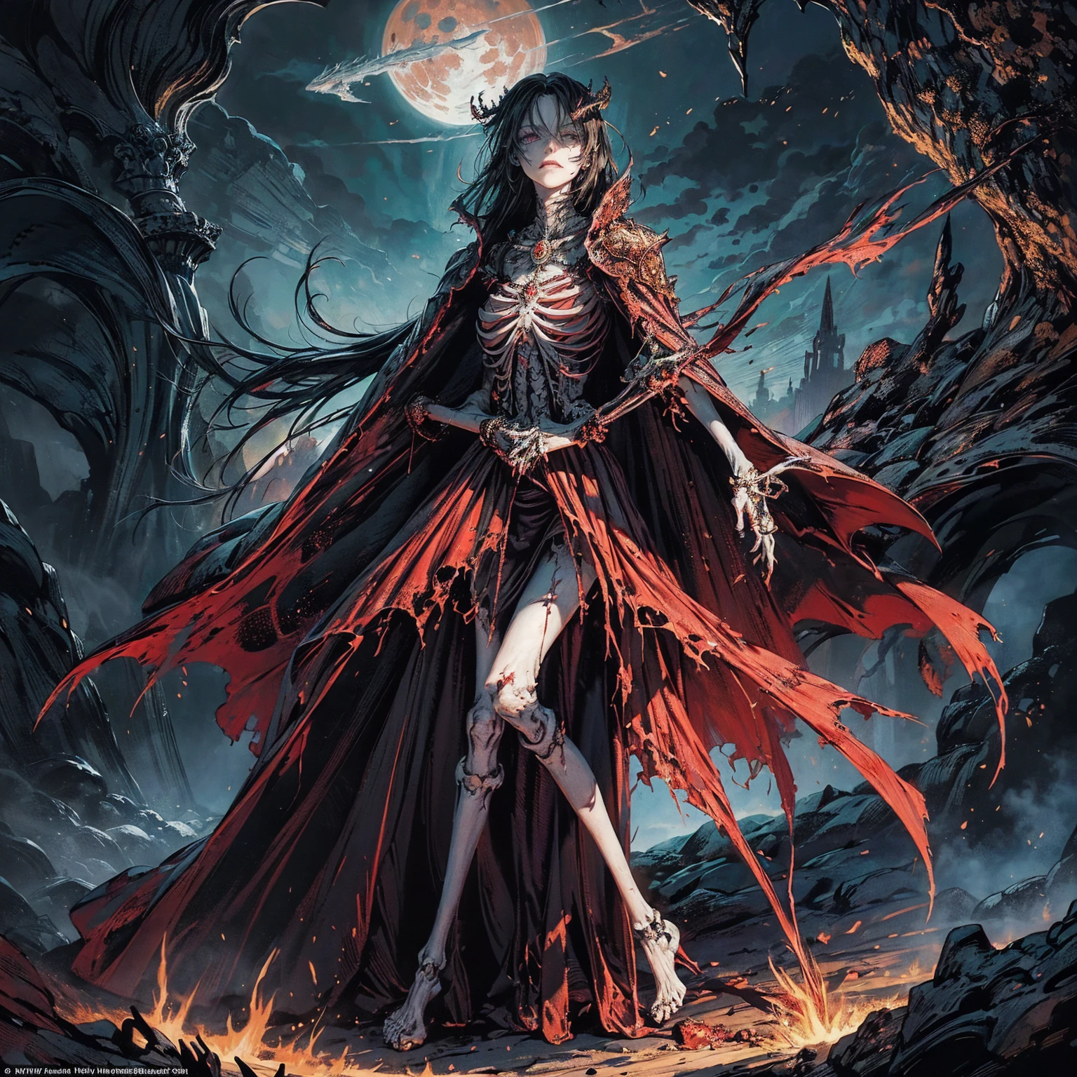 (full body:1.5), (wide shot:1.2), best quality, 4K, high resolution, (masterpiece:1.2), Very detailed, (actual:1.37), (anatomically correct:1.2), Mood lighting, A black hair young undead girl in a long cape, Whole body including hands & arms & legs & feet are all skeleton bones but except the head is still beautiful human face, Wearing a ragged gothic skirt, Shaded expression, Aloofness emotion, Dangerous sneer, beautiful but sorrowful smile, Black tears of blood flowed from eyes, lean on one side floating above ground, Facing the camera, Crucified, Pitch black sky, Blood-red moon, strange atmosphere, Gothic style, Unforgettable beauty, Dramatic shadows, Ethereal Light, Mysterious atmosphere, Necromancer, Dark Magic, Resurrection of the Dead, Resurrected zombies and skeletons roaming around, bone dragon, pathfinder: wrath of the righteous: lich myth path.