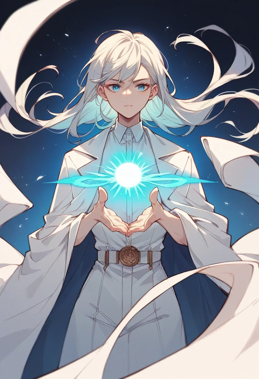 long wthite hair girl in white dress shirt, white jean pant, white cloak. blue energy orb