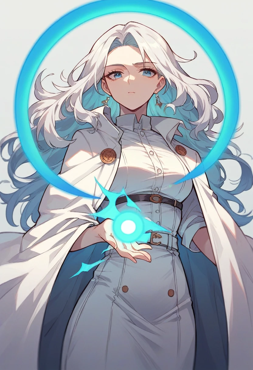 long wthite hair girl in white dress shirt, white jean pant, white cloak. blue energy orb