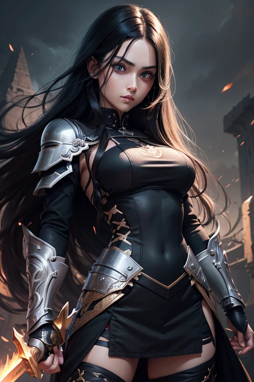 absurdrez, ultra details, high qualiy, Artwork, face detailed, gorgeous eyes(detailedeyes) warrior with sword, long black hair, Paladin's Heavy Armor, fully body, angry facial expression, gazing at viewer, lush ass