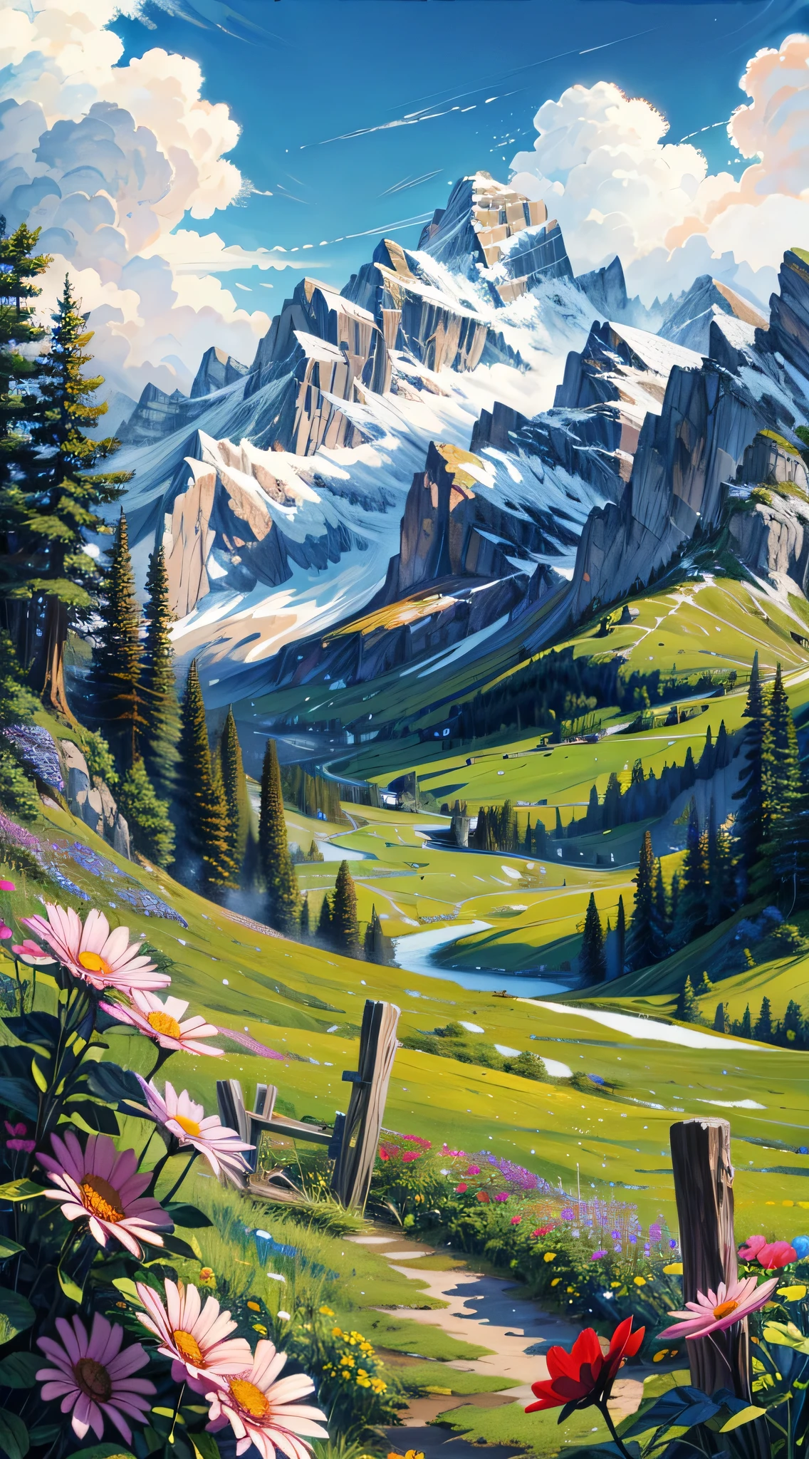 a painting of a flowers Meadows and a mountain scene with flowers in the foreground, mountain behind meadow, mountainous background, highly detailed landscape, anime nature wallpap, colorful landscape painting, alpine scenery, meadow background, mountains background, beatiful mountain background, landscape wallpaper, detailed landscape, nature wallpaper, thomas kinkade style painting, swiss alps, tomas kinkade, highly detailed 4 k painting, 4k hd,, beautiful art uhd 4 k, a beautiful artwork illustration, beautiful digital painting, highly detailed digital painting, beautiful digital artwork, detailed painting 4 k, very detailed digital painting, rich picturesque colors, gorgeous digital painting