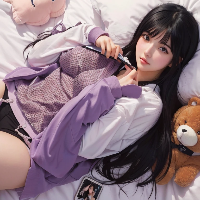 girl laying on bed with stuffed animals and a cell phone, seductive  girl, hinata hyuga, hinata hyuga from naruto, nico robin, extremely detailed artgerm,  style 4 k, beautiful alluring woman, range murata and artgerm, ilya kuvshinov and artgerm, attractive  girl