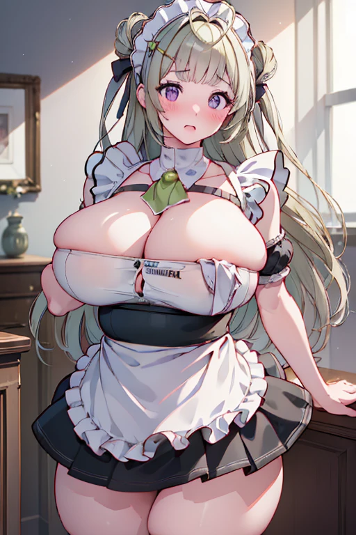 (((masterpiece))),(((High resolution)))、(((Perfect Face)))、(((beauty)))、Bedroom、(((Beautiful Face)))、((((Maid Skirt))、(Embarrassed look)、(((look at me)))、Big Breasts、Plump、Thighs
