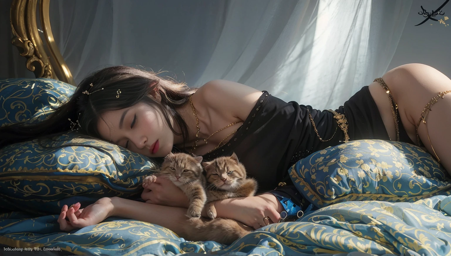 A serene digital painting of a young woman with long, flowing dark hair, peacefully sleeping on an ornate blue and gold patterned pillow. She wears a simple black dress, adorned with delicate chains that shimmer softly in the light. Two small, fluffy kittens are nestled close to her, adding a touch of warmth to the scene. The background features gentle, diffused lighting that creates a dreamy atmosphere, enhancing the tranquil mood of the composition.