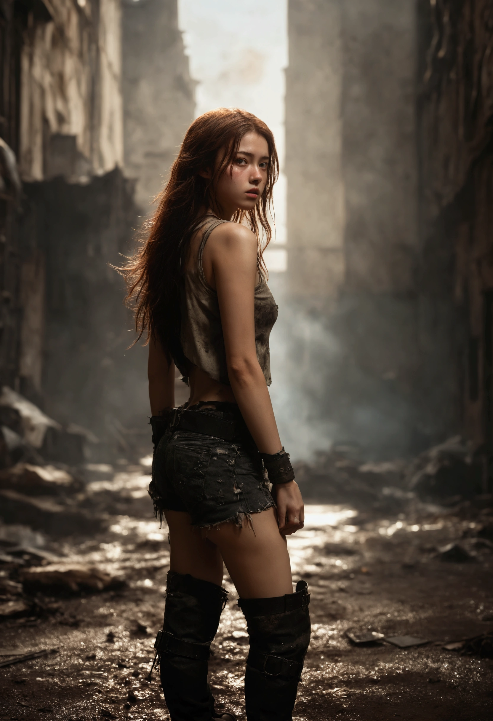 A breathtakingly beautiful girl, radiant and captivating eyes, cold and intense, long flowing hair, sweaty body, Post-apocalyptic Punk shirt, short shorts, boot, (Ultra photo realsisim:1.3), Realistic, (best quality real texture skin, film atmosphere), Tattered clothes, (Post-apocalyptic Punk, Post-apocalyptic Fiction), a post-apocalyptic world with collapsing buildings, (bloodstains), art by Kurahashi Rei, haunting and solemn, a beam of light shines through, illuminating the somber surroundings, (Best quality, masterpiece, depth of field, Full HD, 4K, richness of detail), Portrait style,medium shot