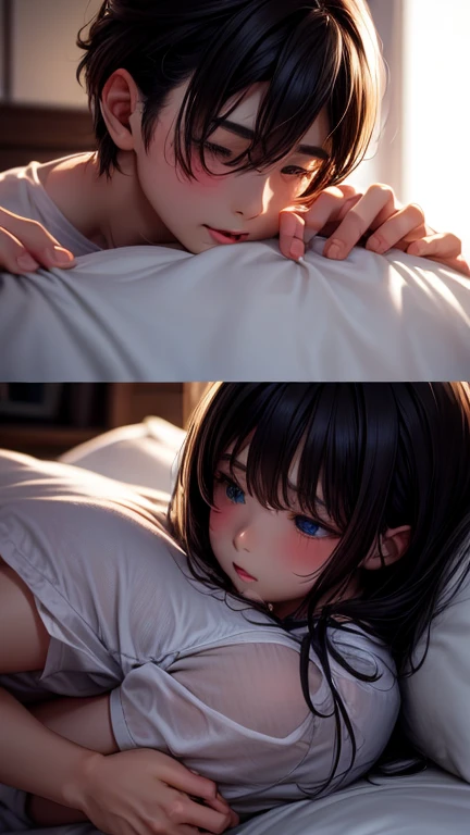 Dark-haired girl kisses dark-haired guy in bed. shirt. passion. desire、((((Sex))))