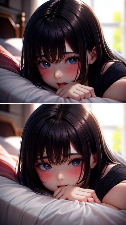Dark-haired girl kisses dark-haired guy in bed. shirt. passion. desire、((((Sex))))
