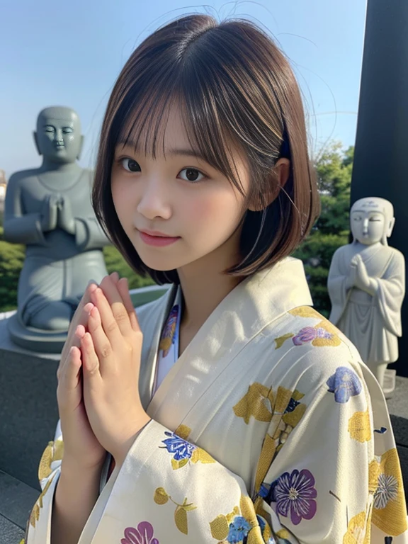 (Dressed in beautiful and colorful kimonos、Close-up portrait of a woman with a short bob and blunt bangs:1.5)、(A woman praying with her eyes open in front of Jizo statue:1.5)、(Japanese Jizo statue in the winter sky:1.5)、(Perfect Anatomy:1.3)、(No mask:1.3)、(Full Finger:1.3)、37 years old、Slightly upturned、Married Woman Style、cute、Realistic、photograph、Tabletop、Highest quality、High resolution, Delicate and beautiful、Perfect Face、Beautiful attention to detail、Fair skin、Real human skin、pores、((Thin legs))、(Brown Hair)、(zoom)