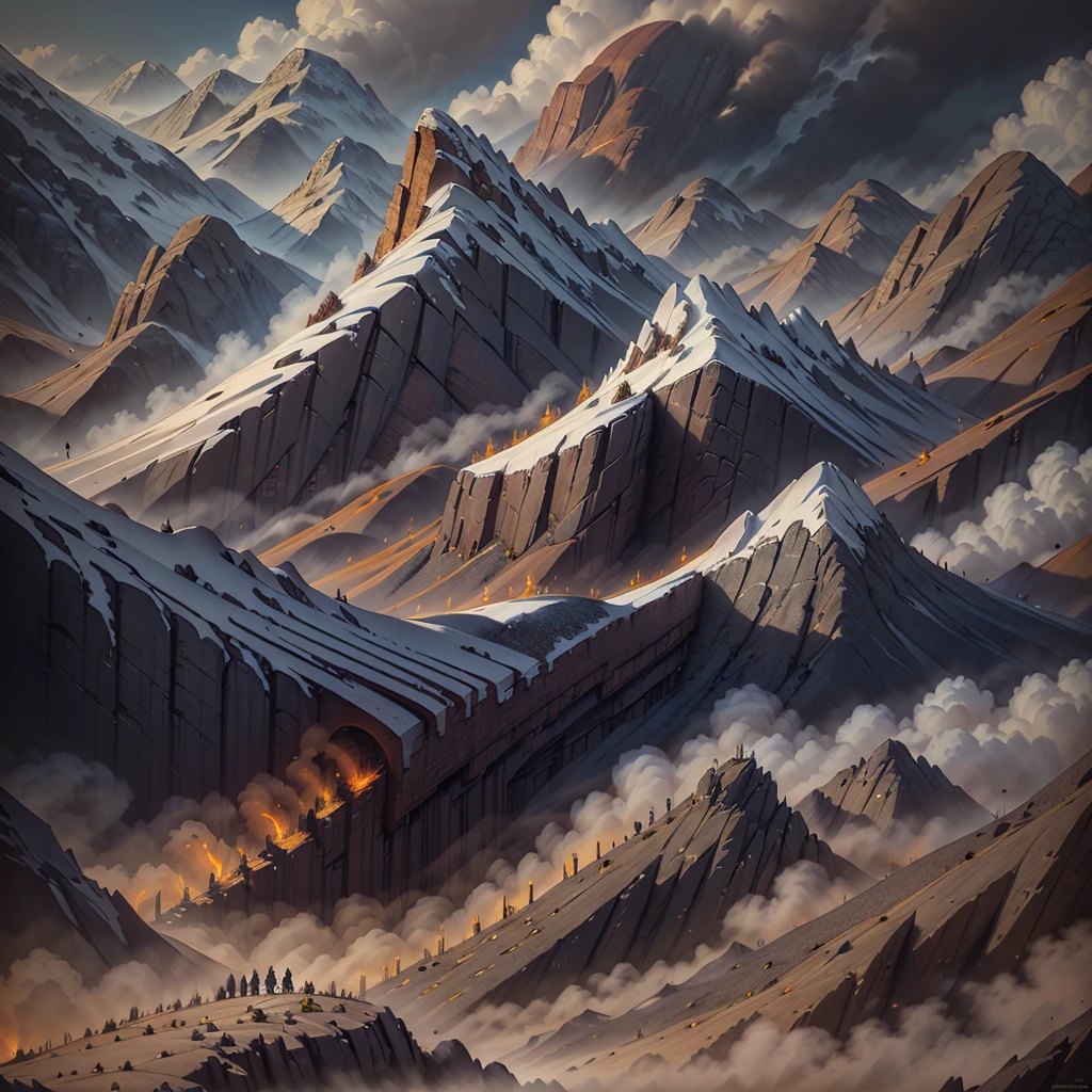 a dragon with small amount of fire coming out from its mouth, passing through a mountain area at early morning, highly detailed, 8k, photorealistic, dramatic lighting, cinematic, fantasy, matte painting, concept art, warm colors, dramatic lighting, fog, beautiful landscape